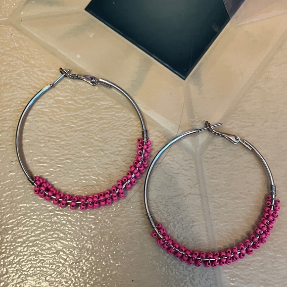 Free People Silver and Pink Beaded Hoop Earrings - Picture 1 of 1